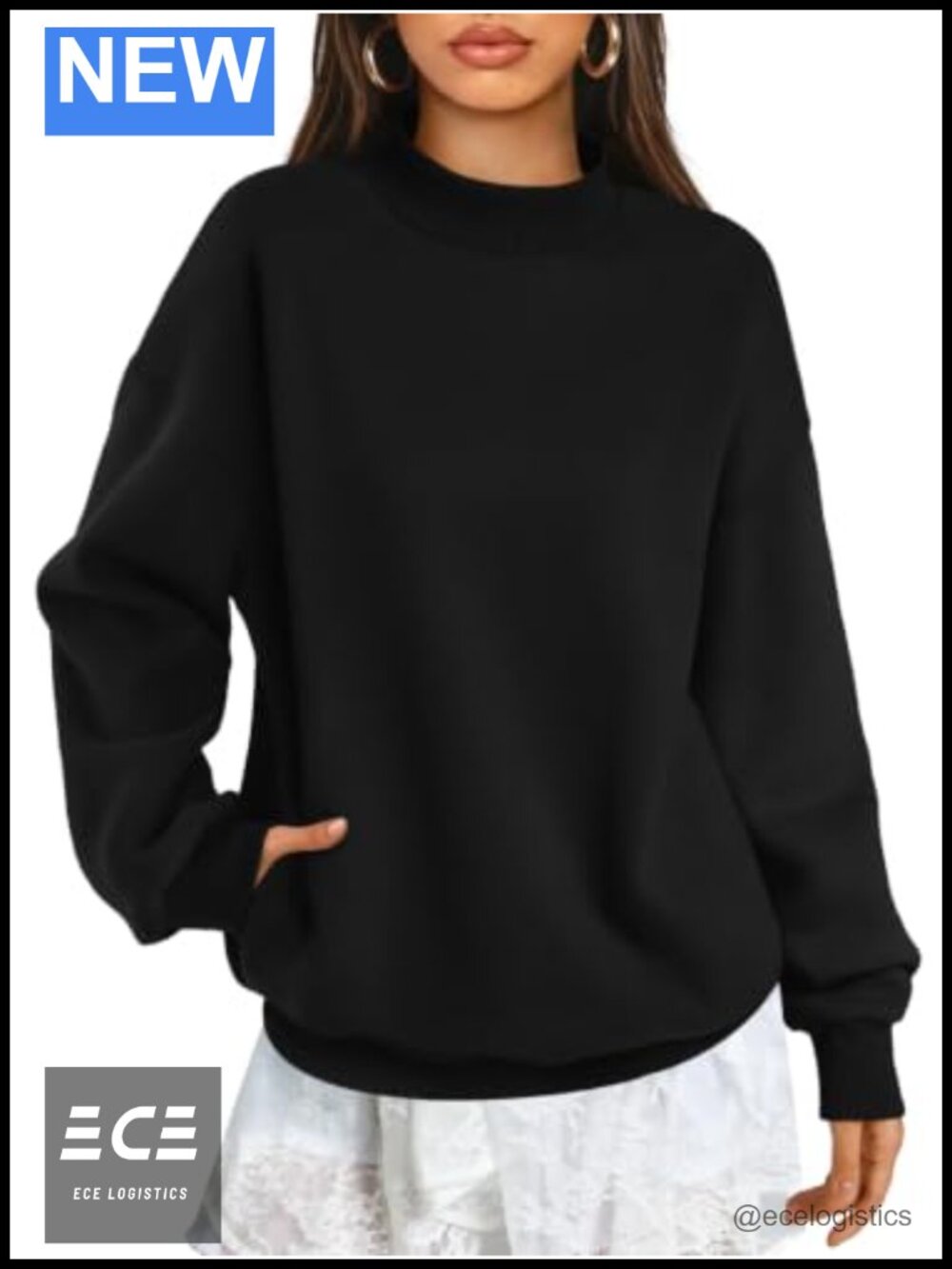 Oversized Cotton Mock Neck Fleece Sweatshirt with Pockets